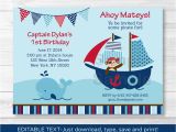 Free Editable Birthday Invitations Pirate Monkey Nautical Whale Printable Birthday Invitation
