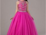 Fun Birthday Dresses Hot Pink Beaded Pageant Dress for Little Girls Full Skirt