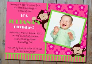 Girl Monkey Birthday Invitations Mod Monkey Birthday Invitation Girls Pink and Green or Twins