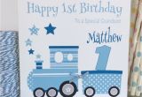 Grandson First Birthday Card Handmade Personalised Blue Train 1st Birthday Card