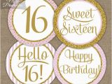 Happy 16th Birthday Banner Printable Sweet 16 Birthday Cupcake toppers Sweet Sixteen Pink Gold