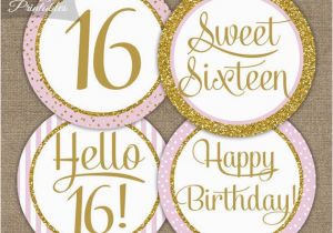 Happy 16th Birthday Banner Printable Sweet 16 Birthday Cupcake toppers Sweet Sixteen Pink Gold