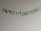 Happy 1st Birthday Banner Blue Gold and Blue Happy 1st Birthday Banner Turquoise by Cardoodle