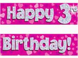 Happy 3rd Birthday Banners Pink Silver Holographic Happy 3rd Birthday Banner