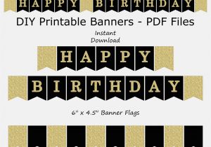 Happy Birthday Banner Black and White Printable Happy Birthday Banner Black Gold Glitter Printable