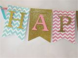 Happy Birthday Banner Blue Gold Pink Teal and Glitter Gold Happy Birthday Banner First