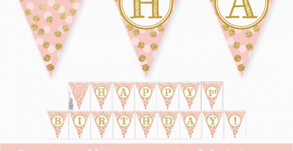 Happy Birthday Banner Gold and Pink Blush Pink Gold Glitter Happy 1st Birthday 60th Printable