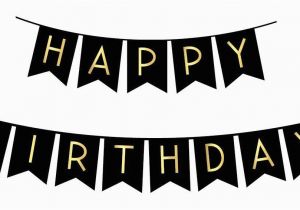 Happy Birthday Banner In Black Black Happy Birthday Bunting Banner with Shimmering Gold