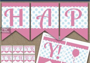 Happy Birthday Banner Pink and Silver Printable Happy Birthday Banner Pink Blue Polka Dots