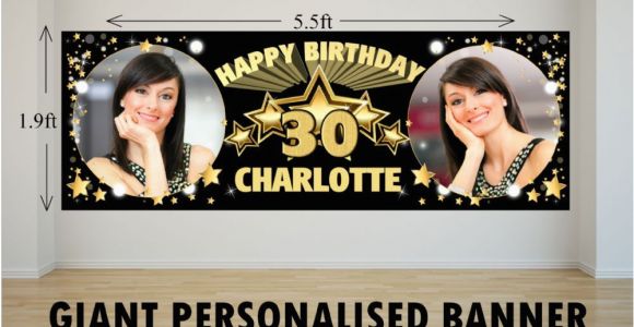 Happy Birthday Banner White and Gold Personalised Giant Large Black Gold Stars Happy Birthday