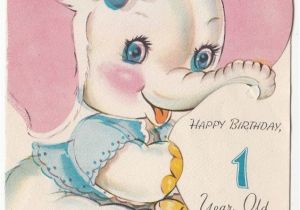 Happy Birthday Card 1 Year Old Baby White Elephant Girl with Flower Vintage 1 Year Old