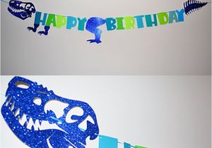 Happy Birthday T Rex Banner Boy 39 S Birthday Party Blue Glitter Sparkly Dinosaur Happy