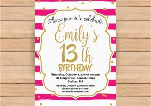 Invitation for 13th Birthday Girl 13th Birthday Invitation Thirteenth Birthday Gold Glitter