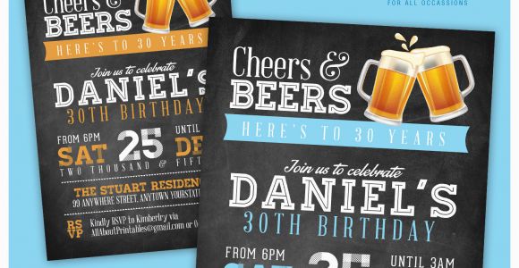 Male 30th Birthday Invitations 30th Birthday Invitation for Men Cheers Beers Invitation