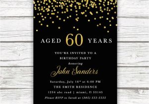 Male 60th Birthday Invitations Adult Male Birthday Invitation Black and Gold Birthday