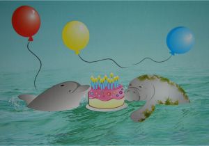 Manatee Birthday Card Dolphin and Manatee Happy Birthday Card W Cake Floating In