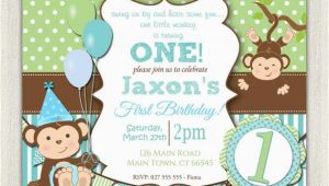 Monkey 1st Birthday Invitations Boys Blue and Green Monkey 1st Birthday Invitation