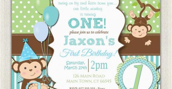 Monkey 1st Birthday Invitations Boys Blue and Green Monkey 1st Birthday Invitation