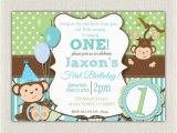 Monkey First Birthday Invitations Boys Blue and Green Monkey 1st Birthday Invitation