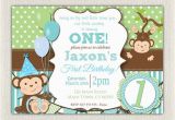 Monkey Invitations for 1st Birthday Boys Blue and Green Monkey 1st Birthday Invitation