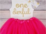 Onederful Birthday Girl One Derful First Birthday Outfit Girl Hot Pink and Gold