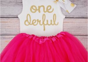 Onederful Birthday Girl One Derful First Birthday Outfit Girl Hot Pink and Gold