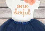 Onederful Birthday Girl One Derful First Birthday Outfit Girl Peach and Navy Birthday