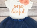 Onederful Birthday Girl One Derful First Birthday Outfit Girl Peach and Navy Birthday