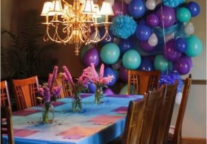 Party Ideas for 2nd Birthday Girl Balloon Wall and Vinyl Table Cloth In Blue Teal and