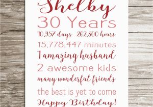 Personalised 30th Birthday Gifts for Her 30th Birthday Gift Birthday Sign Personalized Print for Her