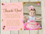 Photo Thank You Cards 1st Birthday First Birthday Thank You Card Pink Gold Glitter Thank You