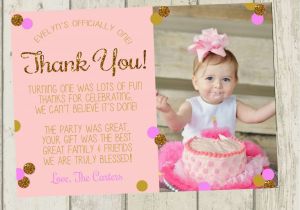 Photo Thank You Cards 1st Birthday First Birthday Thank You Card Pink Gold Glitter Thank You