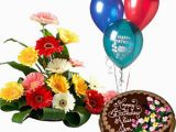 Pictures Of Birthday Flowers and Balloons Arrangement Of Gerberas In Mix Colour with 1 Kg Chocolate
