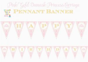 Pink and Gold Happy Birthday Banner Free Printable Pink Gold Damask Princess Carriage Printable Pennant