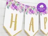 Pink and Gold Happy Birthday Banner Free Printable Violet Floral Happy Birthday Banner Violet and Gold