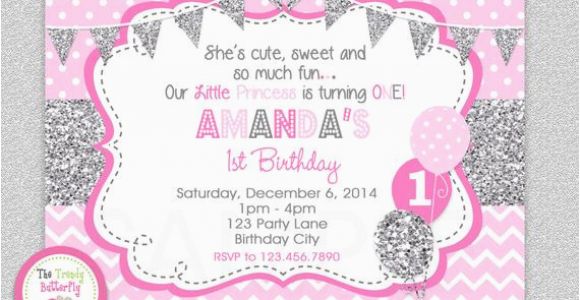 Pink and Silver Birthday Invitations Girls 1st Birthday Invitation Silver Pink Girls 1st