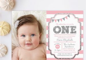 Pink and Silver Birthday Invitations Pink and Silver Invitation 1st Birthday Invitation Girl