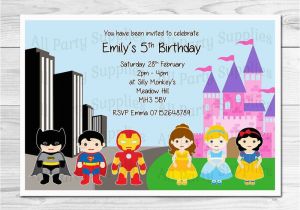 Princess Superhero Birthday Party Invitations Personalised Princess and Superhero Birthday Party Invites