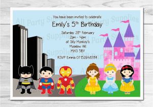 Princess Superhero Birthday Party Invitations Personalised Princess and Superhero Birthday Party Invites