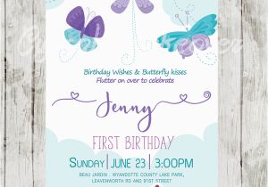 Purple 1st Birthday Invitations butterfly Birthday Invitations Purple Teal Blue Clouds