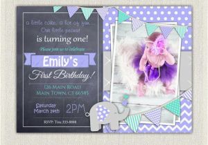Purple First Birthday Invitations Elephant Girls Purple Grey 1st Birthday Invitation