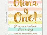 Rainbow 1st Birthday Invitations Rainbow 1st Birthday Invitation for Girl Pastel Stripes Gold