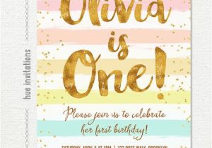 Rainbow 1st Birthday Invitations Rainbow 1st Birthday Invitation for Girl Pastel Stripes Gold