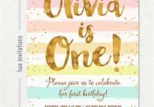 Rainbow First Birthday Invitations Rainbow 1st Birthday Invitation for Girl Pastel Stripes Gold