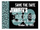 Save the Date Cards for Surprise Birthday Party 30th Surprise Birthday Teal Swirls Save the Date Postcard