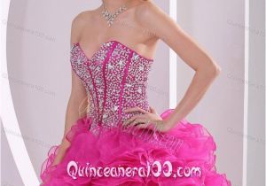 Sixteen Birthday Dresses Hot Pink Ruffles Ball Gown Sweetheart Beaded Decorate 16