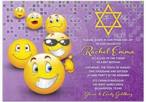 Smiley Face Birthday Invitations social Media Emoticon Emoji Bat Mitzvah Invitation Purple