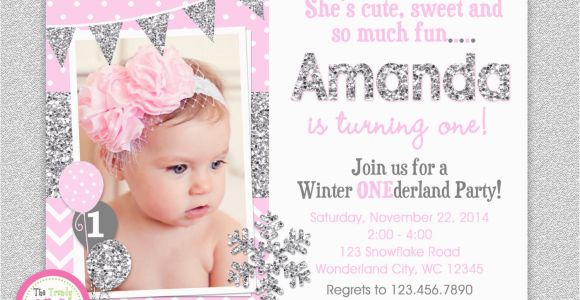 Snowflake 1st Birthday Invitations Winter Wonderland Birthday Invitation Silver Pink Winter