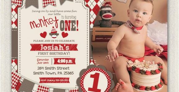 Sock Monkey First Birthday Invitations First Birthday Invitation sock Monkey Invite Boys Red