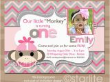 Sock Monkey Invitations 1st Birthday Photo Birthday Invitation Girl sock Monkey Pink Grey